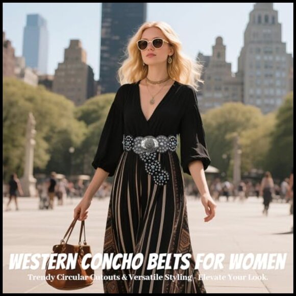 Western Boho Cowgirl Wide Disc Belt Faux Leather Turquoise Concho Waist Belt main image 7